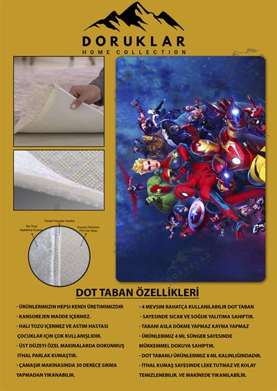 Kaymaz Taban Makinada Yıkanabilir Dijital Baskı Marvel Desenli Genç Odası Halısı Dot Taban Halı GNC22