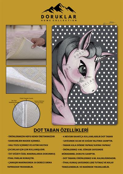 Kaymaz Taban Makinada Yıkanabilir Dijital Baskı Pembe Unicorn Desenli Çocuk Odası Halısı Dot Taban Halı