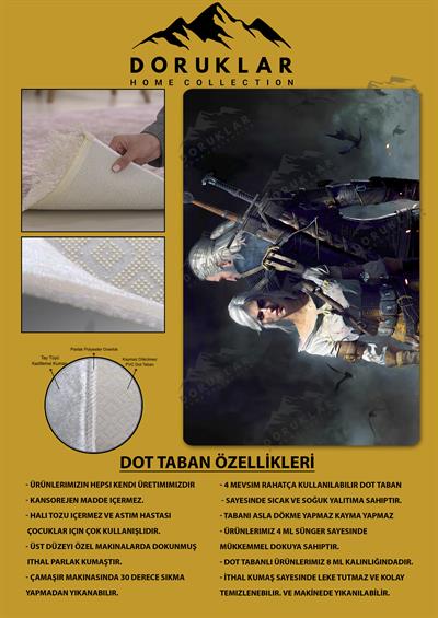 Kaymaz Taban Makinada Yıkanabilir Dijital Baskı Witcher Desenli Genç Odası Halısı Dot Taban Halı GNC71