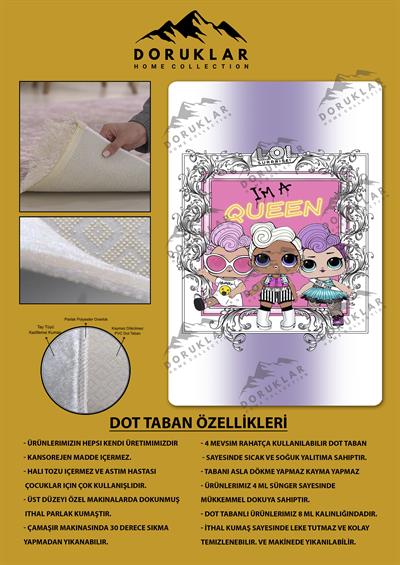 Kaymaz Taban Makinada Yıkanabilir Dijital Baskı Lol Bebekler Desenli Çocuk Odası Halısı Dot Taban Halı