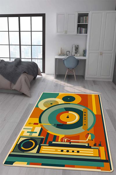 Kaymaz Taban Makinada Yıkanabilir Dijital Baskı Retro Desenli Çocuk Genç Odası Halısı Dot Taban Halı RTR02
