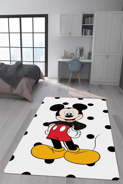 Kaymaz Taban Makinada Yıkanabilir Dijital Baskı Mickey Mouse Desenli Çocuk Odası Halısı Dot Taban Halı