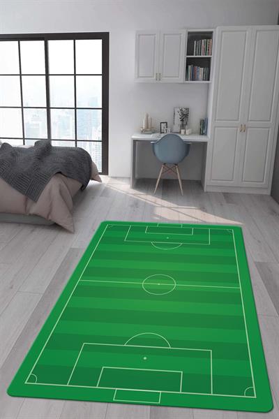 Kaymaz Taban Makinada Yıkanabilir Dijital Baskı Futbol Sahası Desenli Genç Odası Halısı
