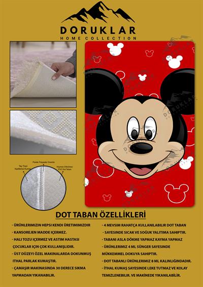 Kaymaz Taban Makinada Yıkanabilir Dijital Baskı Mickey Mouse Desenli Genç Odası Halısı Dot Taban Halı GNC47