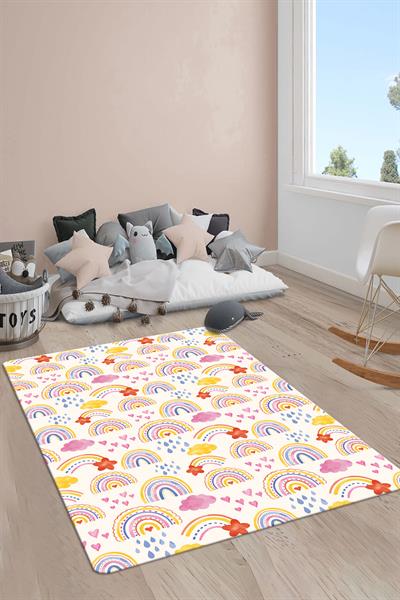 Kaymaz Taban Makinada Yıkanabilir Dijital Baskı Gökkuşağı Desenli Çocuk Odası Halısı Dot Taban Halı RB03