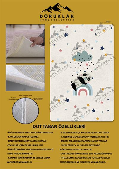 Kaymaz Taban Makinada Yıkanabilir Dijital Baskı Panda Desenli Çocuk Odası Halısı Dot Taban Halı