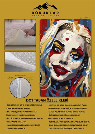 Kaymaz Taban Makinada Yıkanabilir Dijital Baskı Harley Quinn Desenli Çocuk Halısı