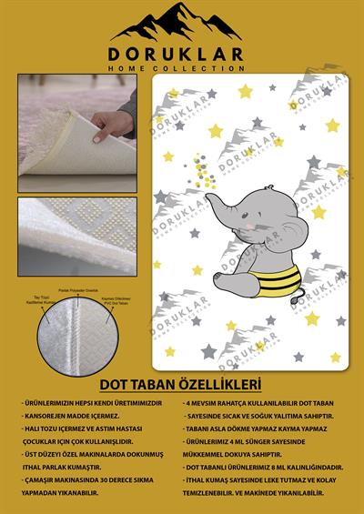 Kaymaz Taban Makinada Yıkanabilir Dijital Baskı Fil Yıldız Desenli Çocuk Odası Halısı Dot Taban Halı