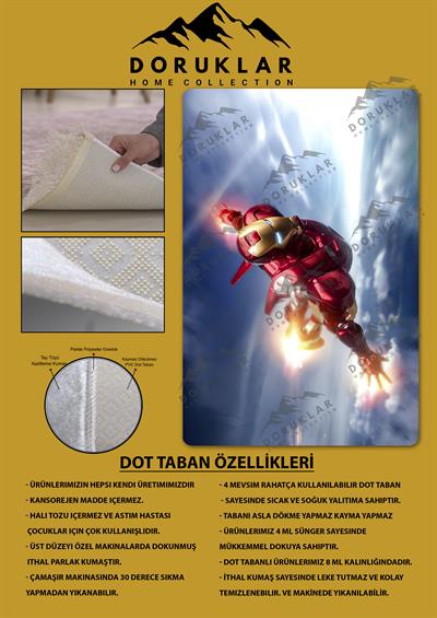 Kaymaz Taban Makinada Yıkanabilir Dijital Baskı İronman Desenli Genç Odası Halısı Dot Taban Halı GNC60