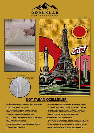 Kaymaz Taban Makinada Yıkanabilir Dijital Baskı Retro Desenli Çocuk Genç Odası Halısı Dot Taban Halı RTR16