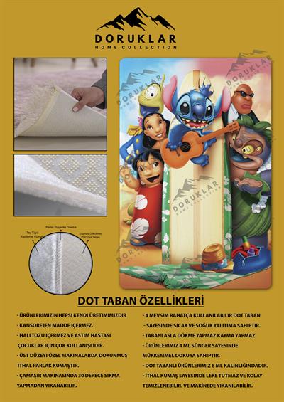 Kaymaz Taban Makinada Yıkanabilir Dijital Baskı Stitch Desenli Çocuk Odası Halısı Dot Taban Halı 0003