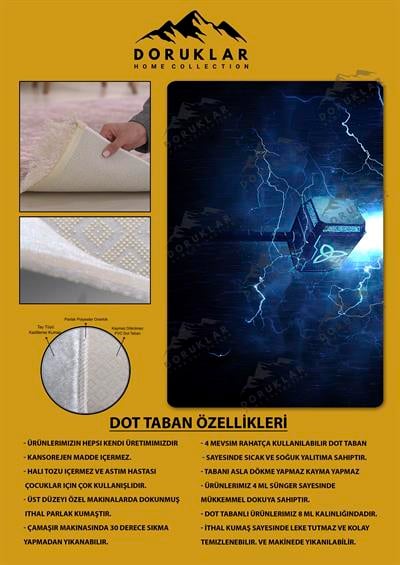 Kaymaz Taban Makinada Yıkanabilir Dijital Baskı Mjolnir Desenli Çocuk Halısı