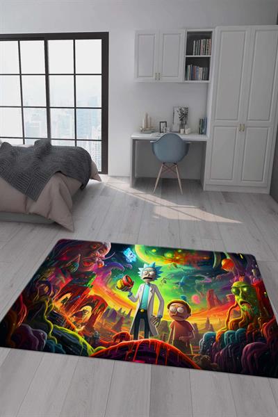 Kaymaz Taban Makinada Yıkanabilir Dijital Baskı Rick and Morty Desenli Genç Odası Halısı Dot Taban Halı GNC35