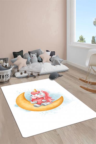 Kaymaz Taban Makinada Yıkanabilir Dijital Baskı Unicorn Desenli Çocuk Odası Halısı Dot Taban Halı RB08