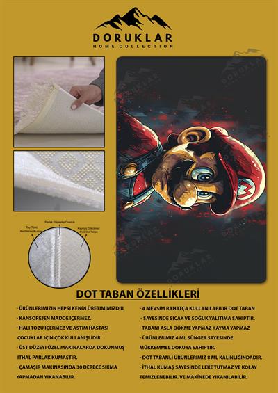 Kaymaz Taban Makinada Yıkanabilir Dijital Baskı Mario Desenli Genç Halısı Dot Taban Halı