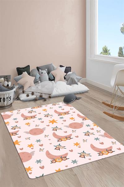 Kaymaz Taban Makinada Yıkanabilir Dijital Baskı Ay Desenli Çocuk Odası Halısı Dot Taban Halı RB07