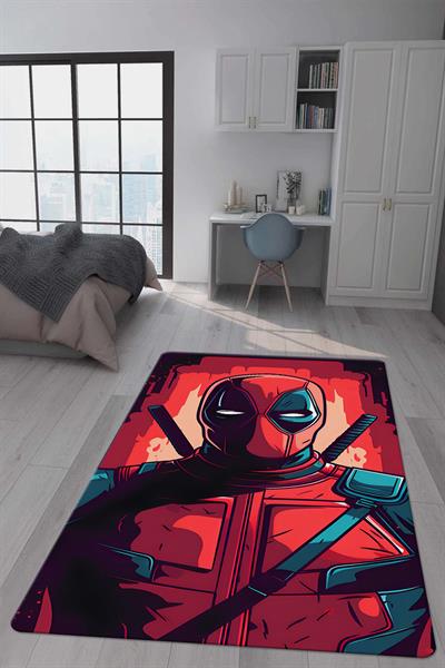 Kaymaz Taban Makinada Yıkanabilir Dijital Baskı Deadpool Desenli Genç Odası Halısı Dot Taban Halı GNC02
