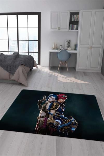 Kaymaz Taban Makinada Yıkanabilir Dijital Baskı Arcane Jinx ve Vi Desenli Çocuk Odası Halısı Dot Taban Halı ARC17