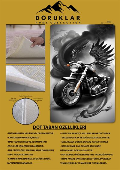 Kaymaz Taban Makinada Yıkanabilir Dijital Baskı Motor Desenli Genç Odası Halısı Dot Taban Halı GNC01