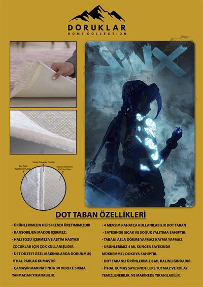 Kaymaz Taban Makinada Yıkanabilir Dijital Baskı Arcane Jinx Desenli Çocuk Odası Halısı Dot Taban Halı ARC01