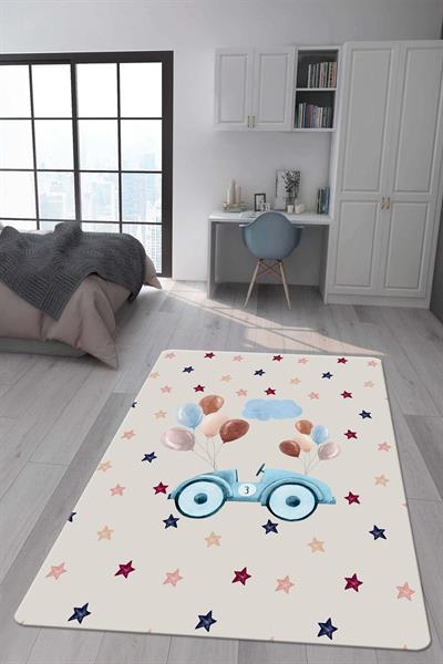 Kaymaz Taban Makinada Yıkanabilir Dijital Baskı Araba Desenli Çocuk Odası Halısı Dot Taban Halı