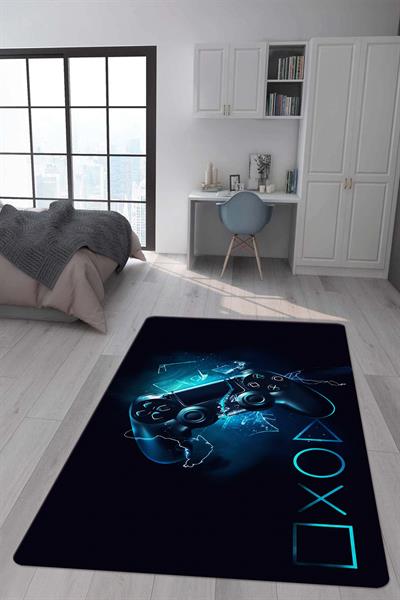 Kaymaz Taban Makinada Yıkanabilir Dijital Baskı Gamer Desenli Çocuk Odası Halısı Dot Taban Halı