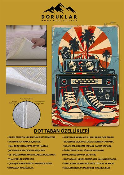 Kaymaz Taban Makinada Yıkanabilir Dijital Baskı Retro Desenli Çocuk Genç Odası Halısı Dot Taban Halı RTR28