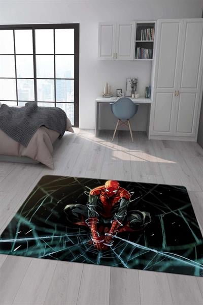 Kaymaz Taban Makinada Yıkanabilir Dijital Baskı SpiderMan Desenli Genç Odası Halısı