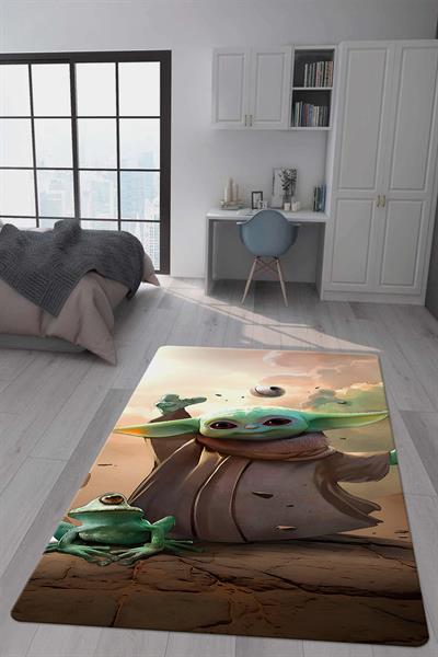 Kaymaz Taban Makinada Yıkanabilir Dijital Baskı Baby Yoda Desenli Genç Odası Halısı Dot Taban Halı GNC53