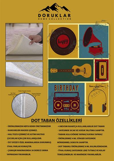 Kaymaz Taban Makinada Yıkanabilir Dijital Baskı Retro Desenli Çocuk Genç Odası Halısı Dot Taban Halı RTR03