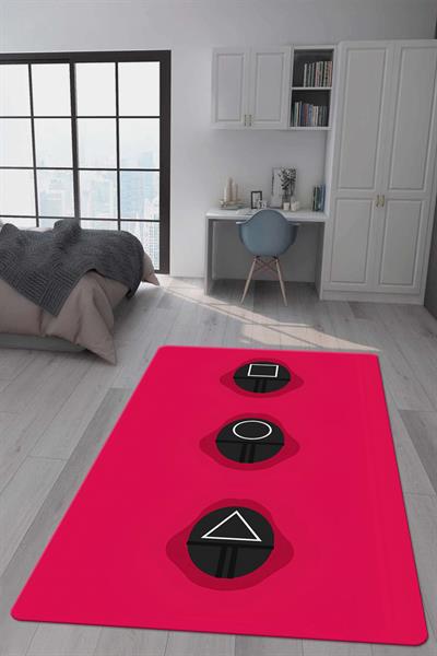 Kaymaz Taban Makinada Yıkanabilir Dijital Baskı Squid Game Desenli Genç Odası Halısı Dot Taban Halı GNC20
