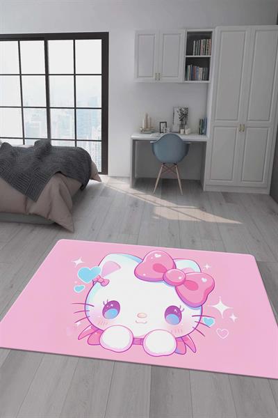 Kaymaz Taban Makinada Yıkanabilir Dijital Baskı Hello Kitty Desenli Genç Odası Halısı Dot Taban Halı GNC69
