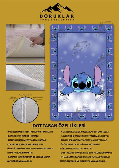 Kaymaz Taban Makinada Yıkanabilir Dijital Baskı Stitch Desenli Çocuk Odası Halısı Dot Taban Halı 0013
