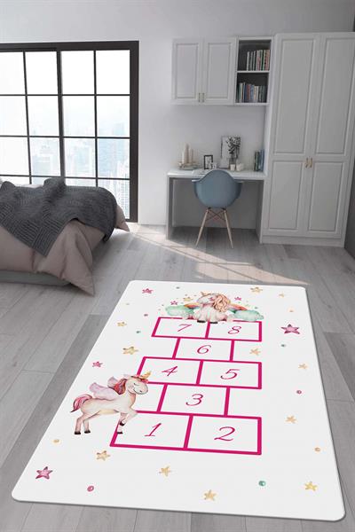 Kaymaz Taban Makinada Yıkanabilir Dijital Baskı Unicorn Seksek Desenli Çocuk Odası Halısı Dot Taban Halı