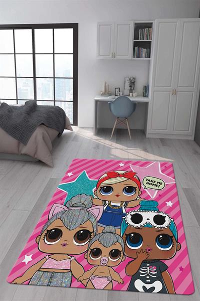 Kaymaz Taban Makinada Yıkanabilir Dijital Baskı Lol Bebekler Desenli Çocuk Odası Halısı Dot Taban Halı