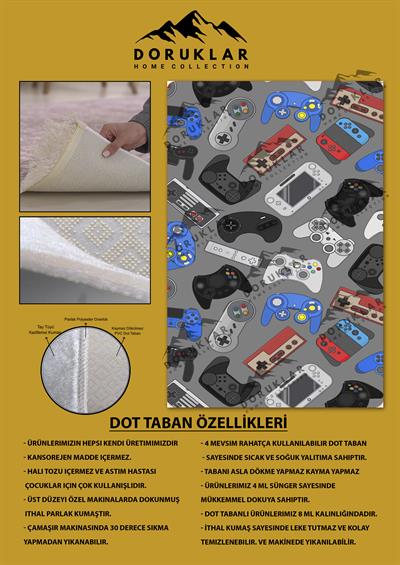 Kaymaz Taban Makinada Yıkanabilir Gamer Konsol Desenli Çocuk Halısı