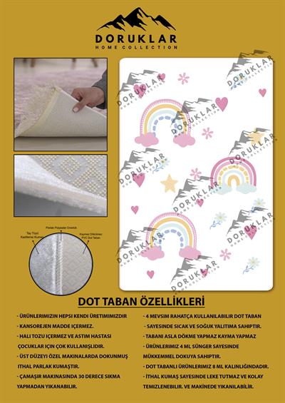 Kaymaz Taban Makinada Yıkanabilir Gökkuşağı Bulut Desenli Çocuk Halısı