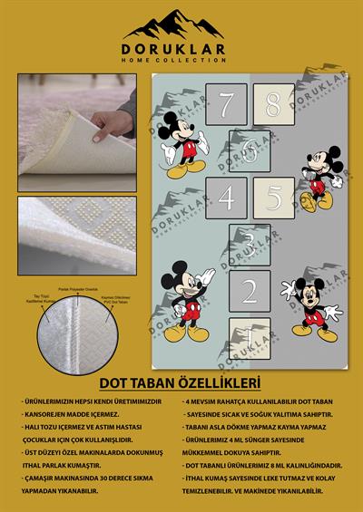 Kaymaz Taban Makinada Yıkanabilir Mickey Mouse Seksek Desenli Çocuk Halısı