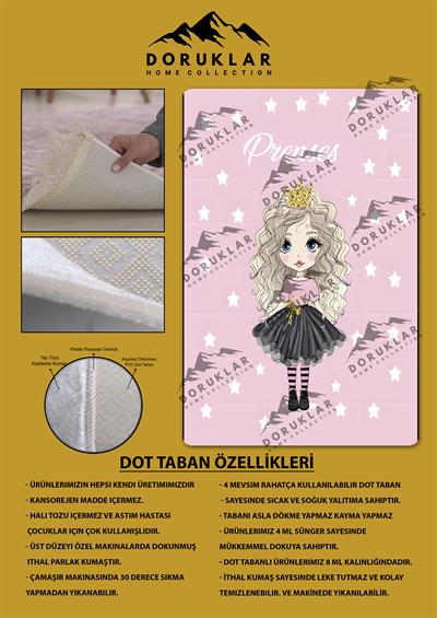 Kaymaz Taban Makinada Yıkanabilir Prenses Kız Desenli Çocuk Halısı