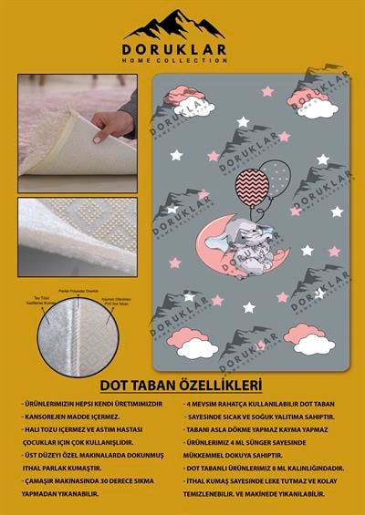 Kaymaz Taban Makinada Yıkanabilir Tatlı Fil Bulut Desenli Çocuk Halısı
