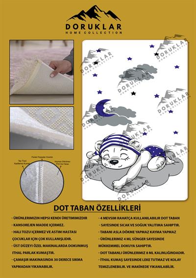 Kaymaz Taban Makinada Yıkanabilir Uyuyan Ayı Desenli Çocuk Halısı
