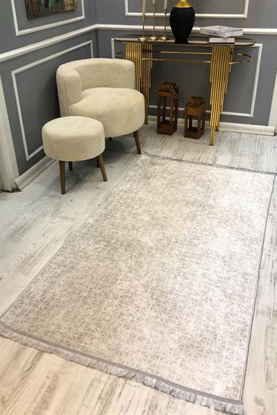 Kaymaz Taban Yıkanabilir Açık Gri Geometrik Vintage Desen Halı