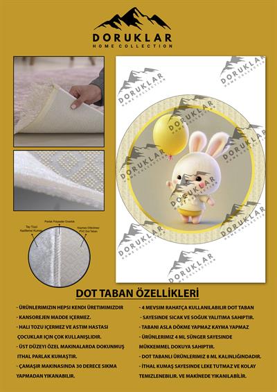 Kaymaz Taban Yıkanabilir Balonlu Tavşan Desenli Yuvarlak Çocuk Halısı