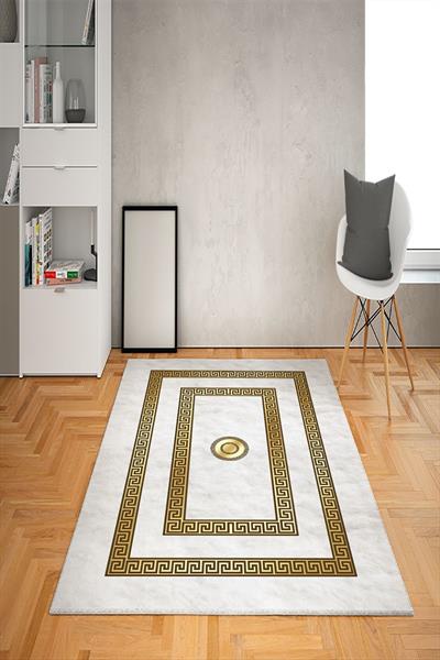 Kaymaz Taban Yıkanabilir Çerçeveli Tüy Desenli Dot Taban Halı