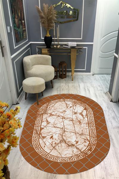 Kaymaz Taban Yıkanabilir Dijital Baskı Oval Kesim Dekoratif Modern Desenli Dot Taban Halı OVAL002