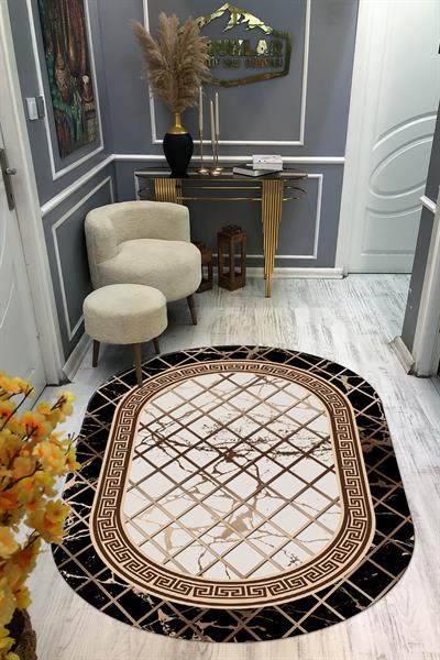 Kaymaz Taban Yıkanabilir Dijital Baskı Oval Kesim Dekoratif Modern Desenli Dot Taban Halı OVAL015