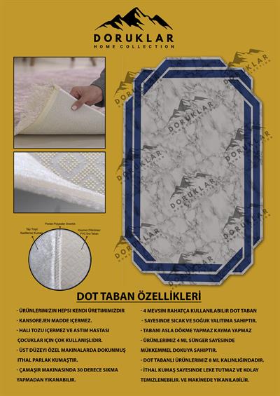 Kaymaz Taban Yıkanabilir Dijital Baskı Lazer Kesimli Mavi Mermer Desenli Dot Taban Halı