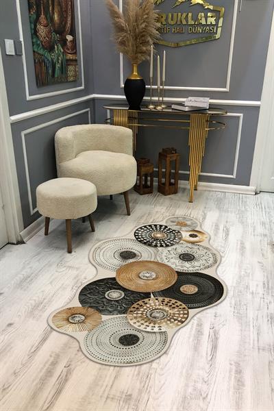 Kaymaz Taban Yıkanabilir Dijital Baskı Lazer Kesimli Mandala Desenli Dot Taban Halı
