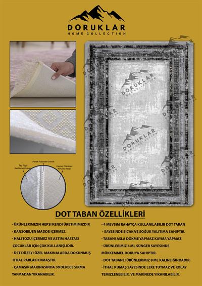 Kaymaz Taban Yıkanabilir Dijital Baskı Gri Çerçeveli Eskitme Desenli Halı