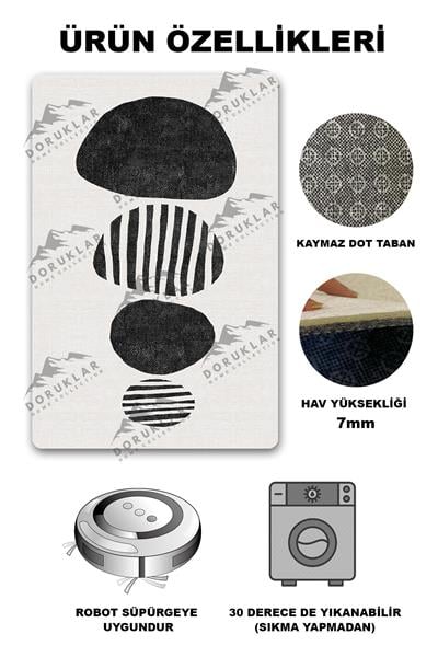 Kaymaz Taban Yıkanabilir Dijital Baskı Dekoratif Modern Desenli Dot Taban Halı Zen Serisi ZEN02